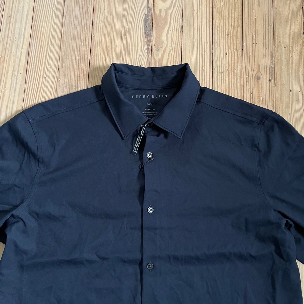 Perry Ellis Button Down Shirt Mens Large Navy Blue Stretch Expandable Collar L/G - Picture 4 of 8
